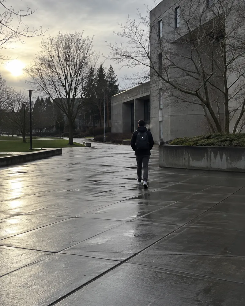 Un estudiante con mochila cruzando el campus al amanecer, de espaldas y a lo lejos, sobre el suelo mojado